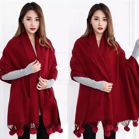 Solid Colour Soft Pom Pom Cashmere Shawl